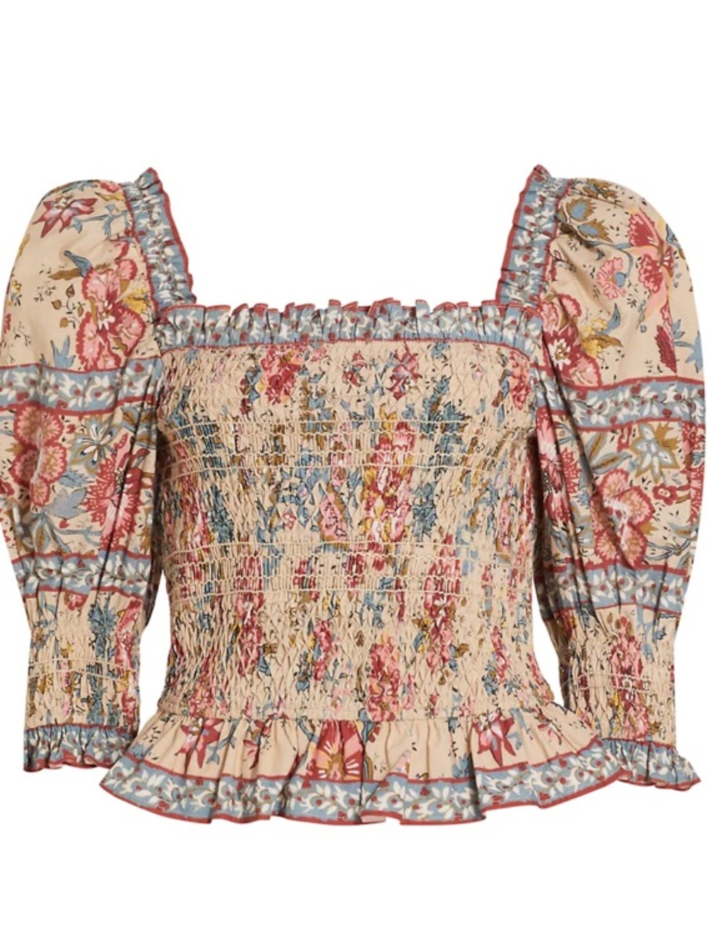 Sea New York Beige Floral Smocked Puff Sleeve Top with Blue and Pink Accents